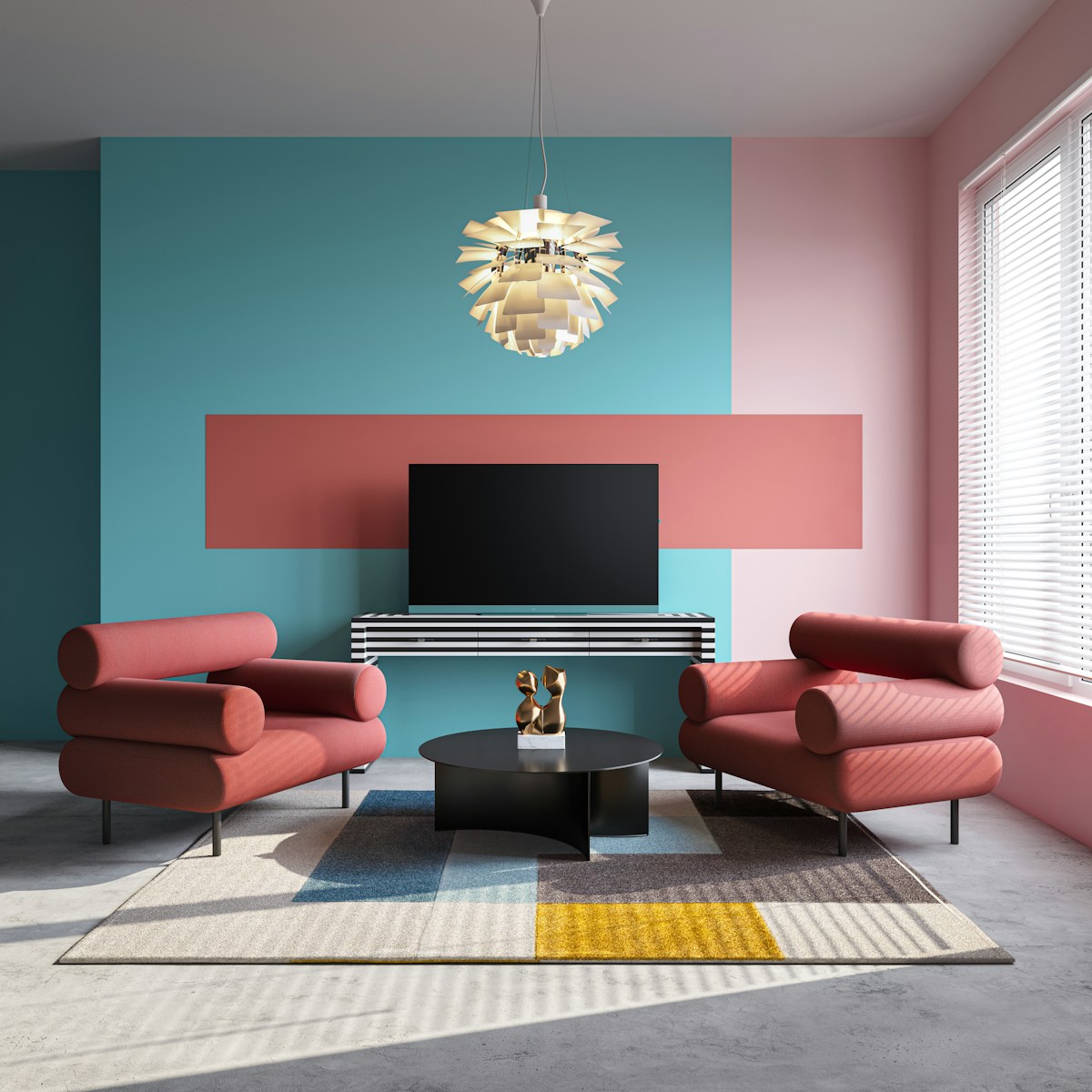 a living room with two chairs and a television